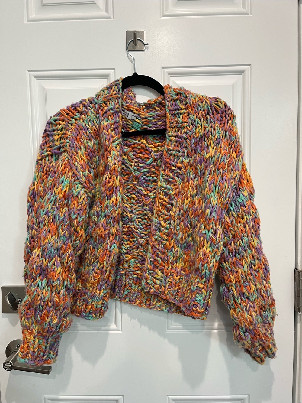 Beginning Boutique Multicolor Chunky Knit Cardigan - Orange, Purple, Teal, Cream